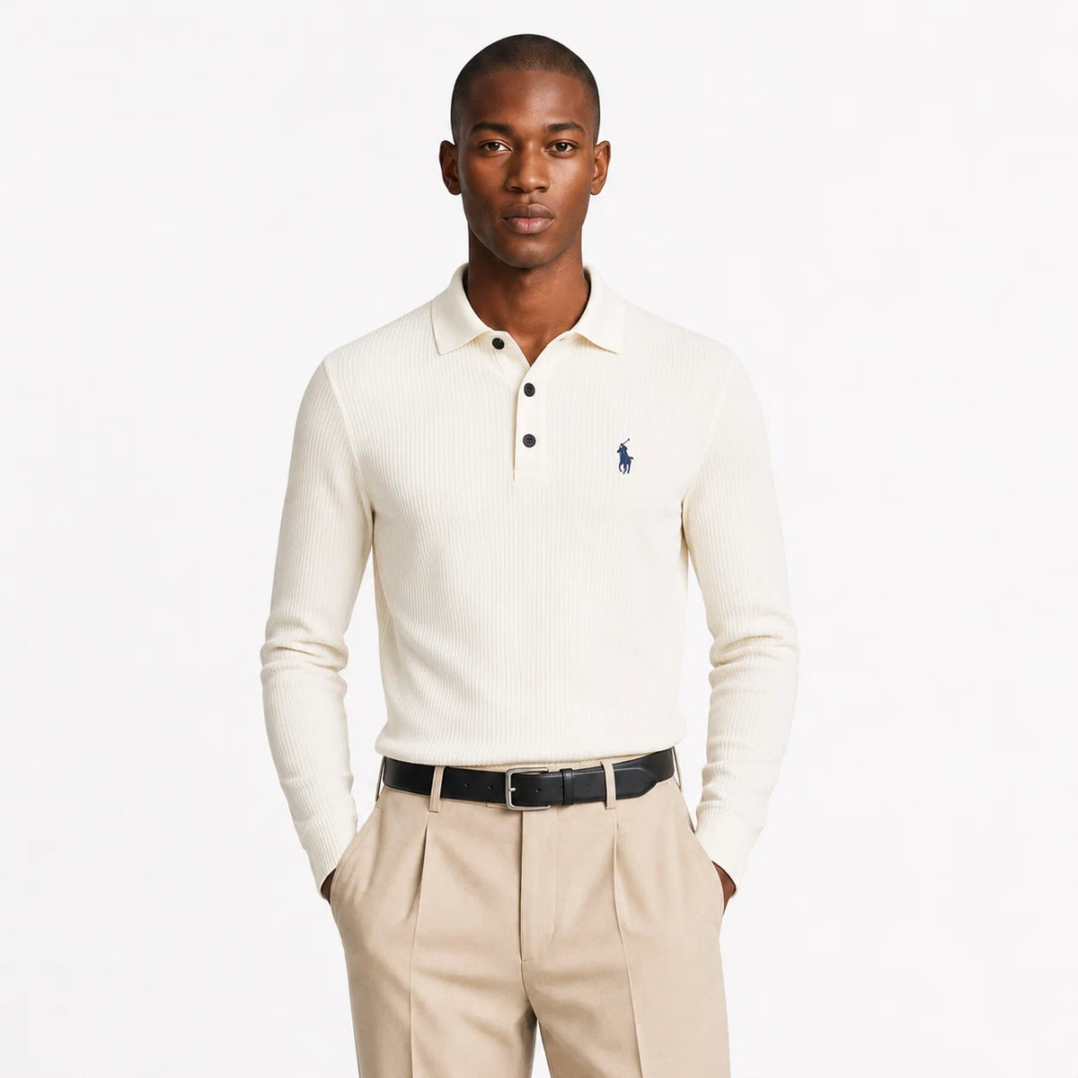 Ribbed Long-Sleeve Polo Shirt